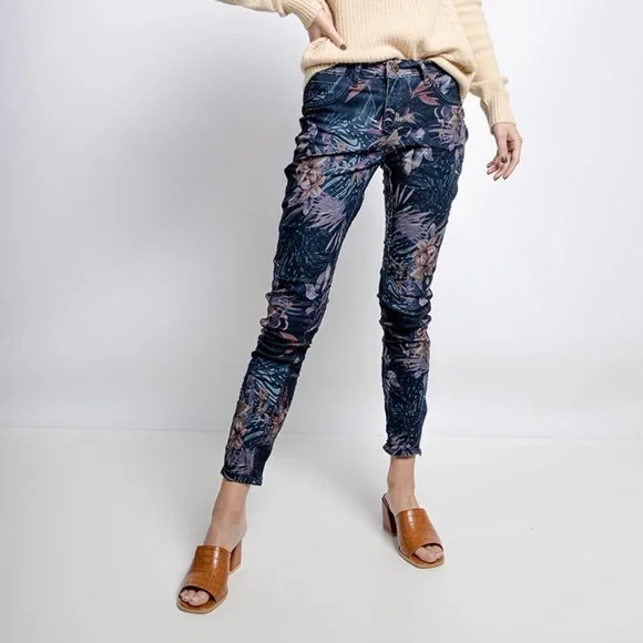 Tempo Paris Blue Floral Reversible Denim Skinny Jeans Cotton Blend Large - Picture 6 of 16